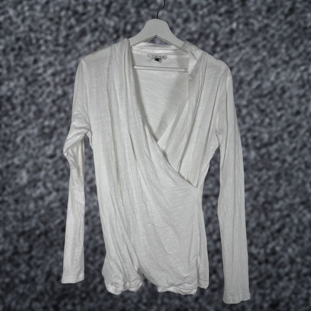 Vintage Cabi Womens White Long Sleeve Blouse Large Lightweight 100% Cotton Faux Wrap Top Size L / US 10 / IT 46 - 1 Thumbnail