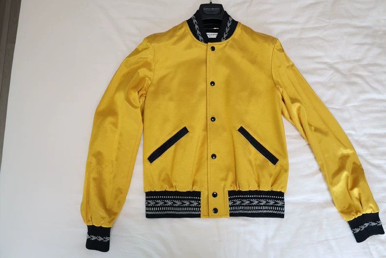 Saint Laurent Paris Yellow arrow patchwork baseball jacket-