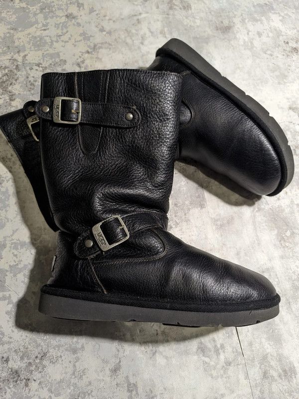 black leather ugg leather boots with fur