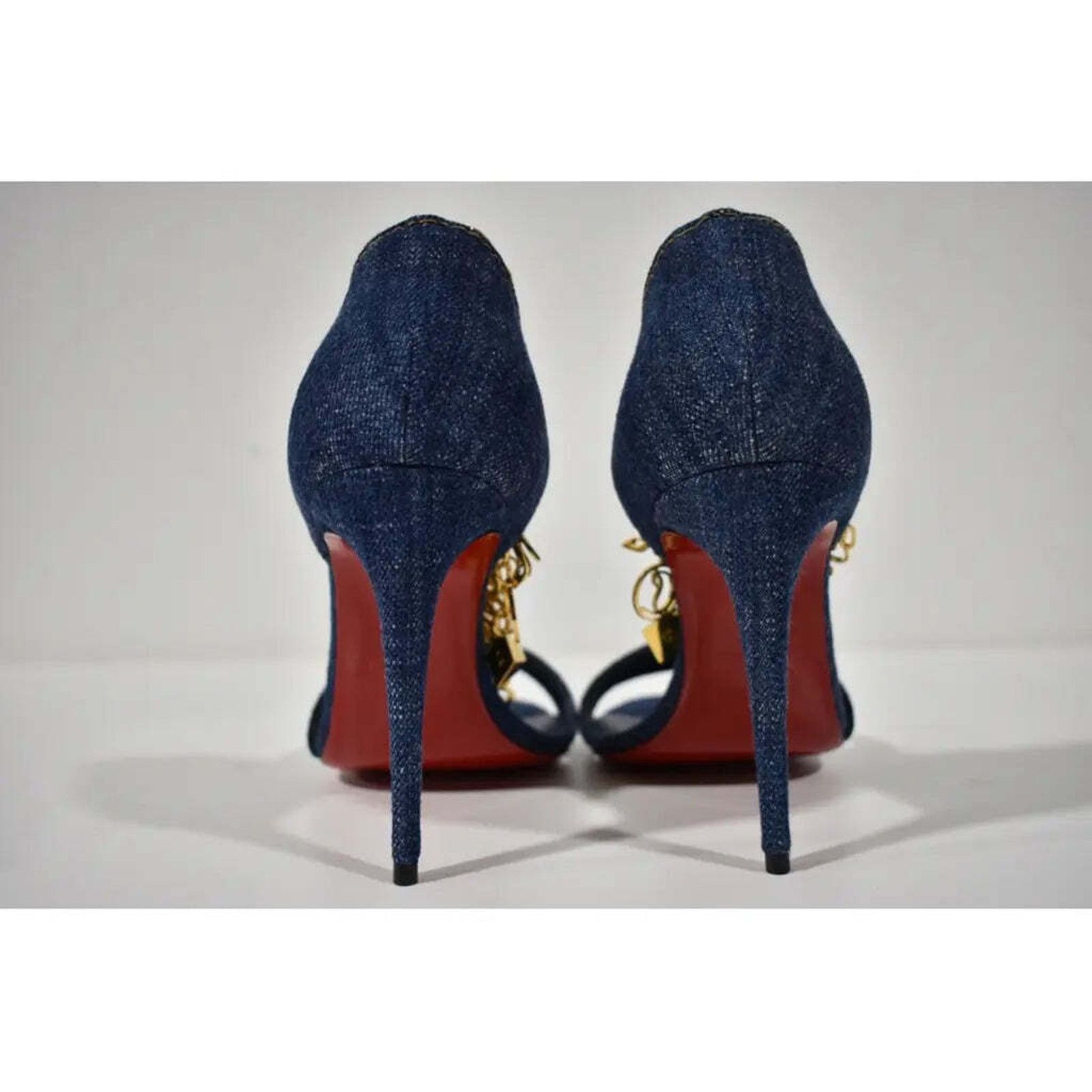 Christian Louboutin Gourmi Sandal 100 Denim Gold Charm Ankle Strap Heel Pump 37 Size US 7 / IT 37 - 11 Thumbnail