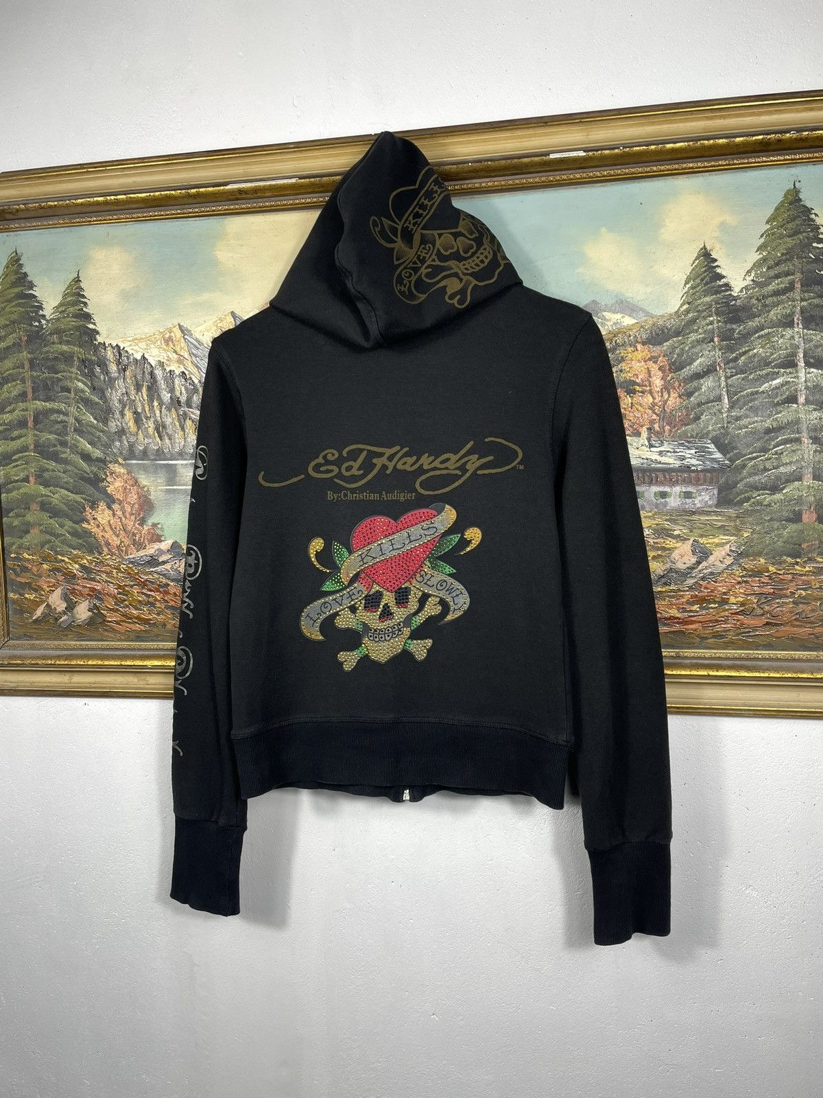 Christian Audigier × Ed Hardy × Vintage Ed Hardy Retro 00s Hoodie With Crystals Affliction Grunge Size US XS / EU 42 / 0 - 6 Thumbnail