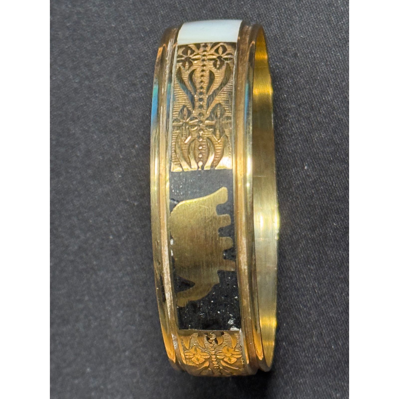 Other Vintage Etched Brass Bangle w/ Elephants and Mother of Pearl Size ONE SIZE - 3 Thumbnail