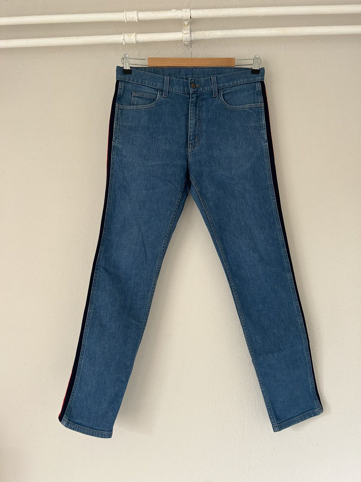 image of Gucci Web Side Stripe Jeans in Bleu, Men's (Size 33)