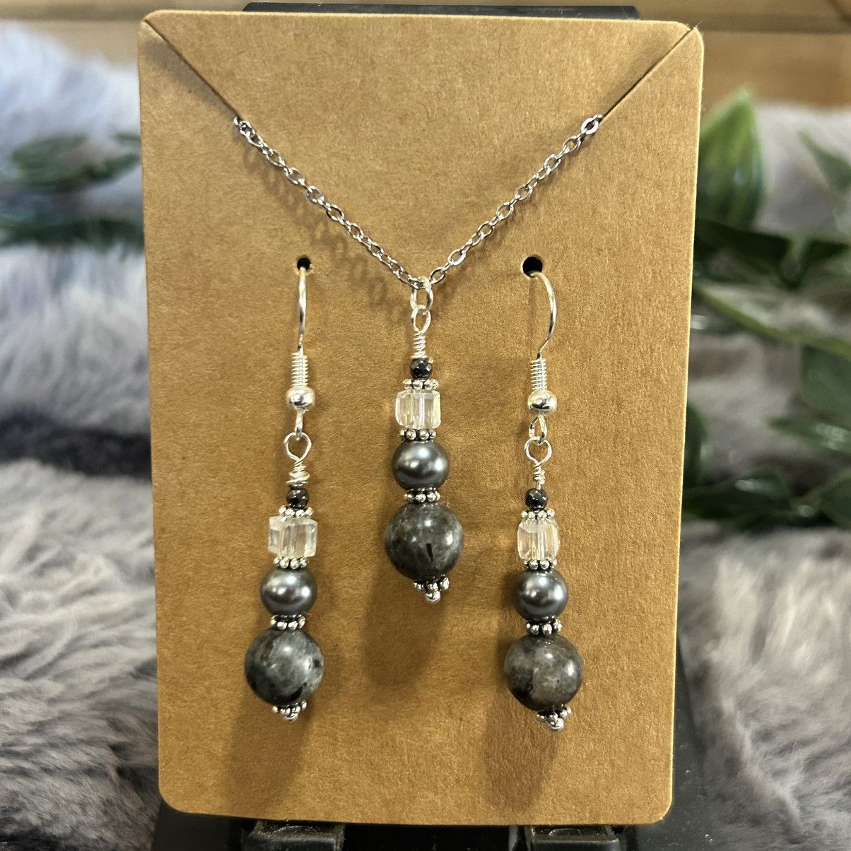Handmade Handcrafted larvikite Czech glass pearl crystal necklace set Size ONE SIZE - 2 Thumbnail