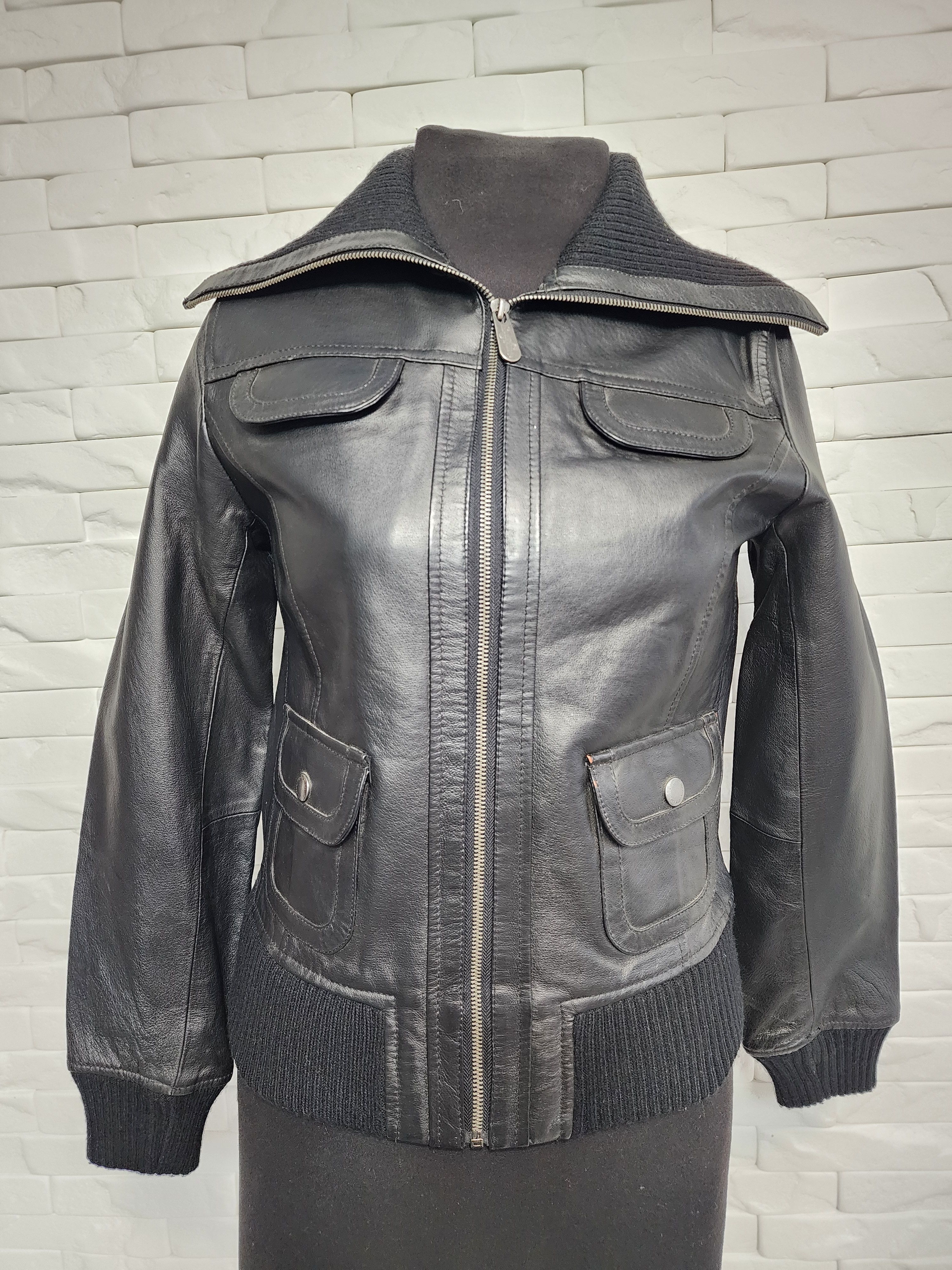 Other Black Leather Jacket: Women's Zip-Up Bomber with Knit Trim Size M / US 6-8 / IT 42-44 - 4 Thumbnail