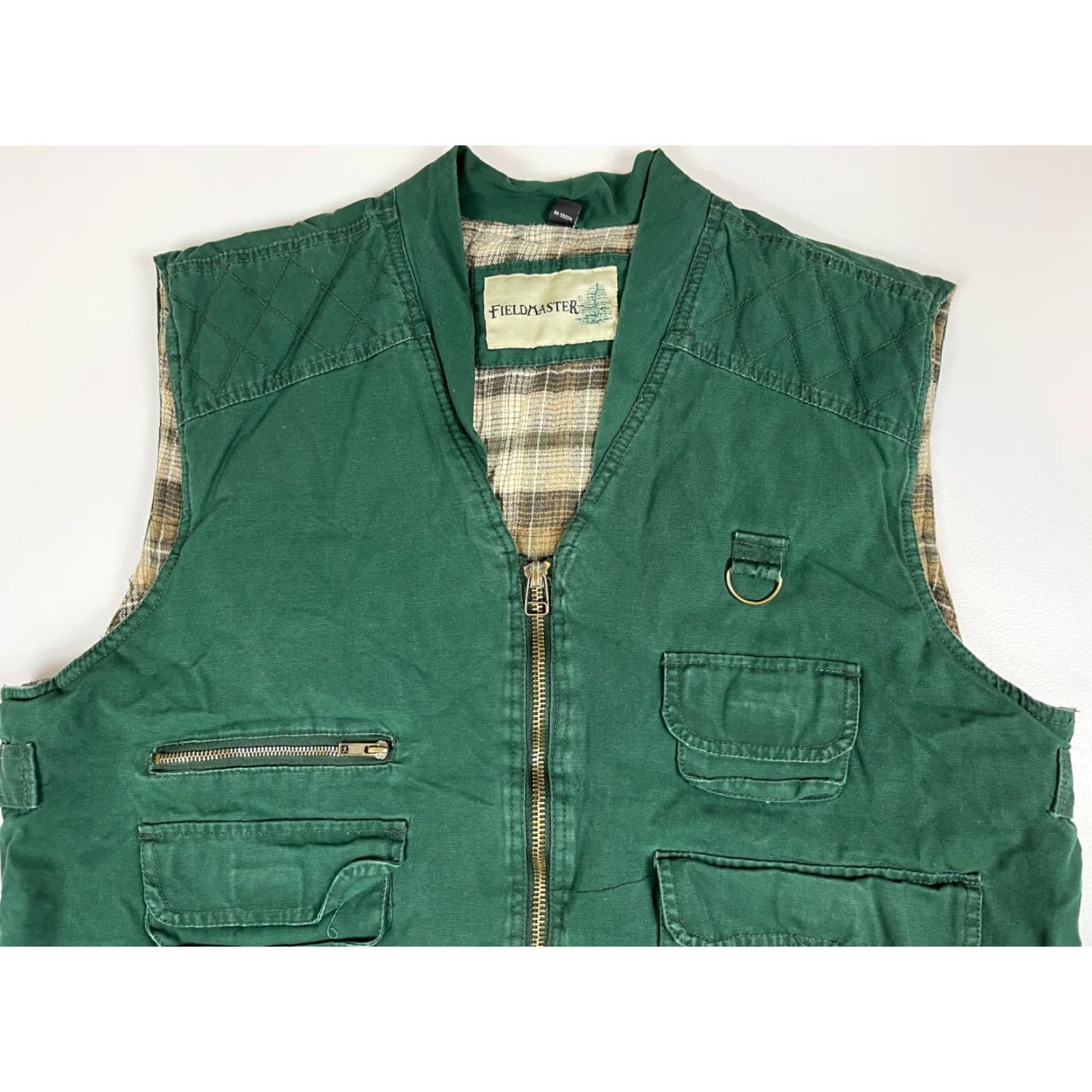 Vintage VINTAGE Fieldmaster Men's Vest Fishing Hunting Flannel Lined Green Cotton Canvas Pockets Zipped Pockets Size L Size US L / EU 52-54 / 3 - 6 Thumbnail