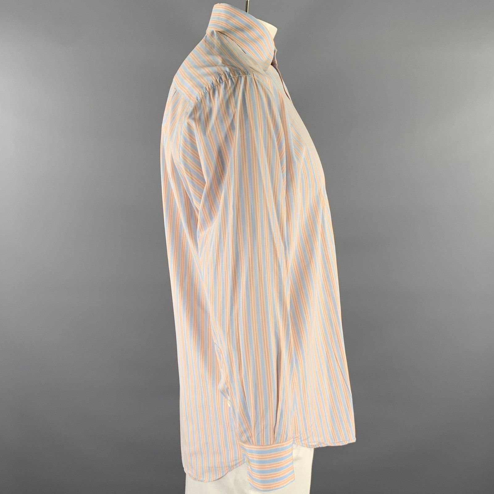 Brioni BRIONI M Orange Blue Stripe Cotton Spread Collar L/S Shirt Size US M / EU 48-50 / 2 - 3 Thumbnail