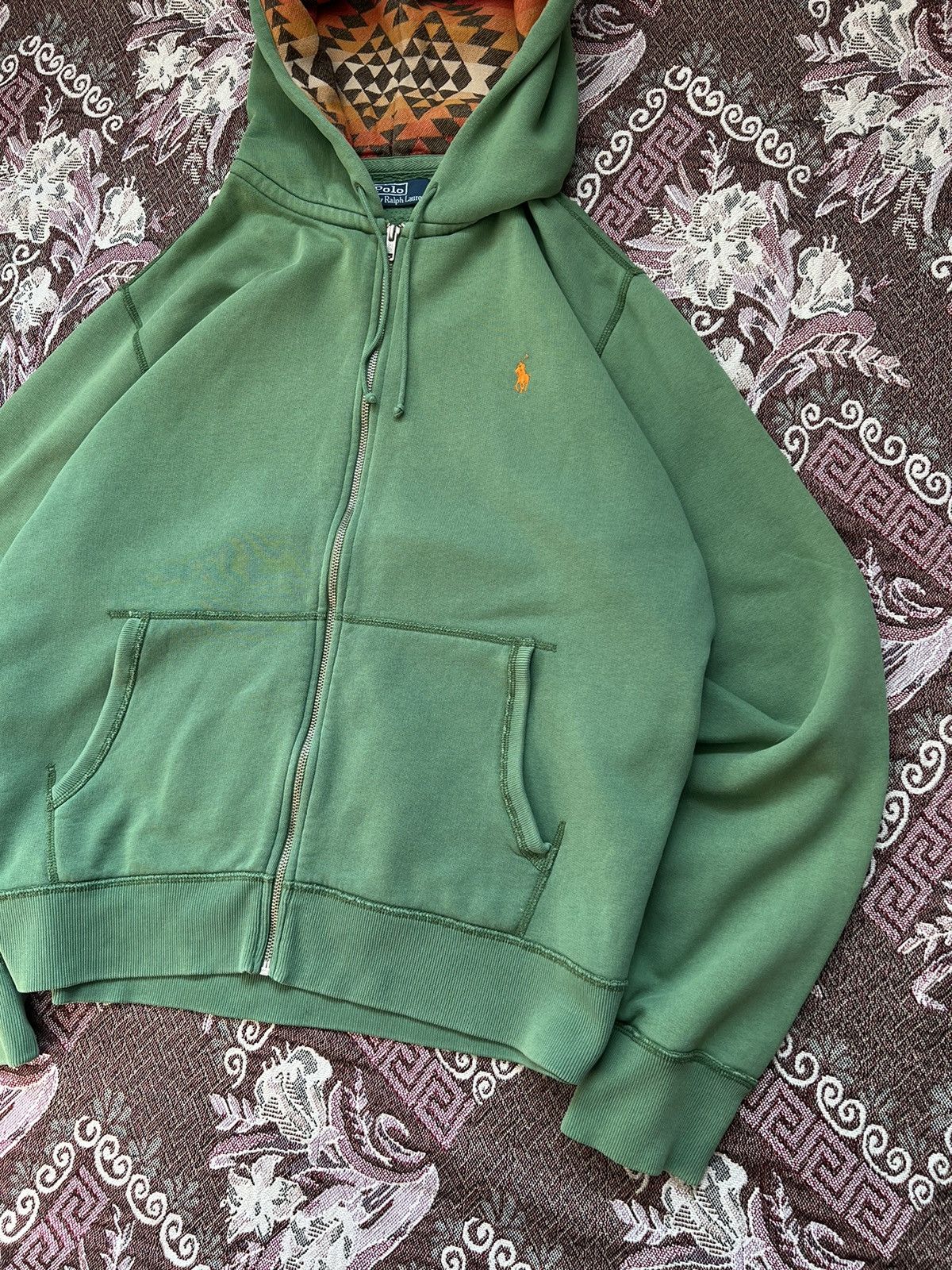 Polo Ralph Lauren × Vintage Ralph Lauren Faded Green Aztec Zip Up Hoodie Talon Zipper Size US XXL / EU 58 / 5 - 5 Thumbnail