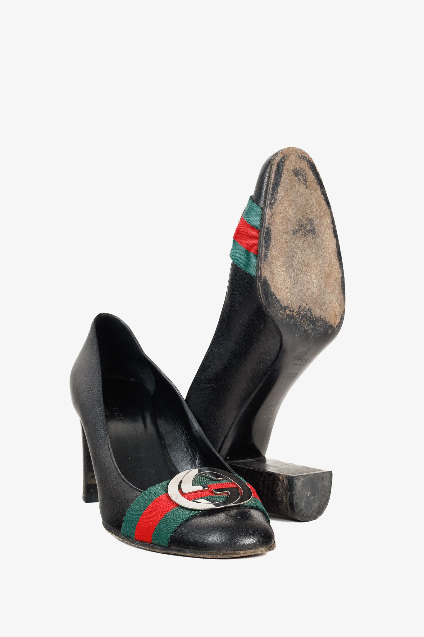 Gucci Black Leather Signature Webbing Logo Round-Toe Pumps