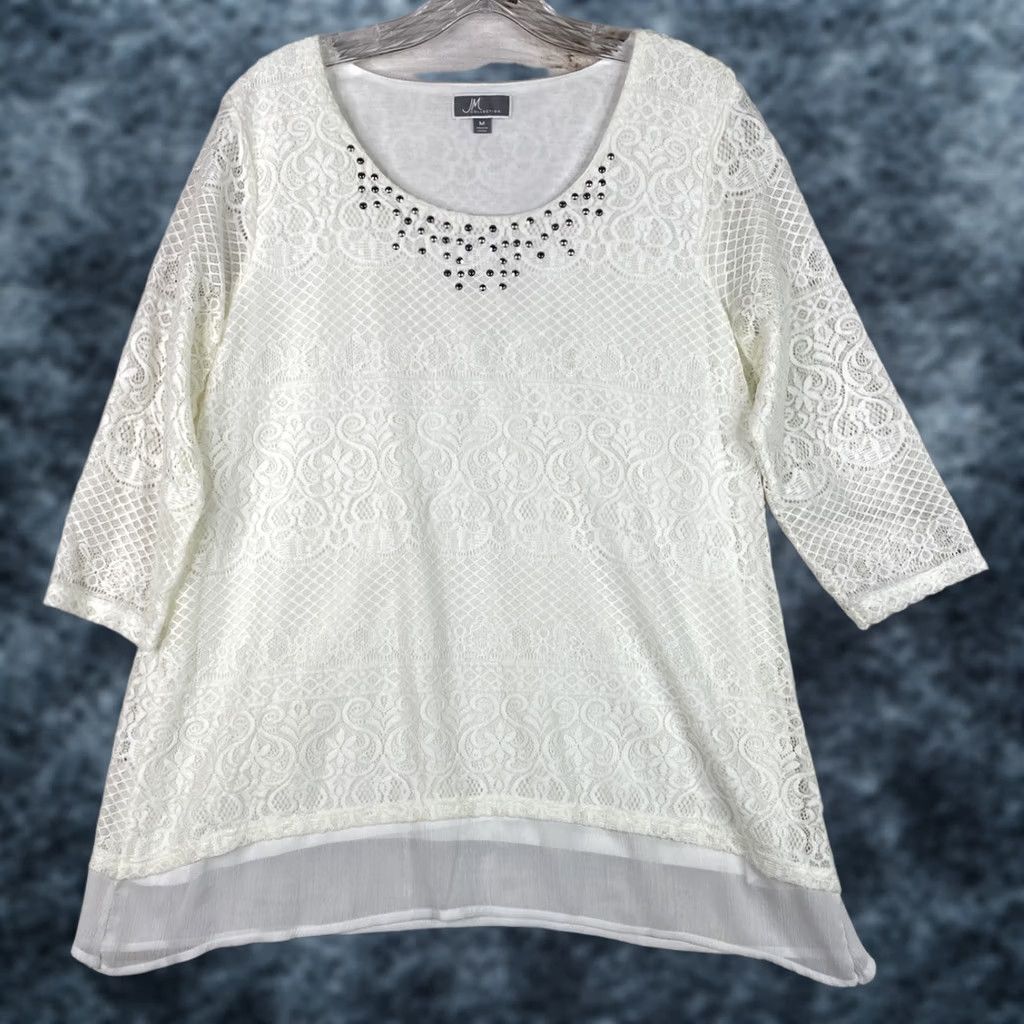 JM Collection JM Collection White Lace Studded Scoop Neck 3/4 Sleeve Blouse M Womens Regular Size Stretch Knit Top Size M / US 6-8 / IT 42-44 - 1 Thumbnail