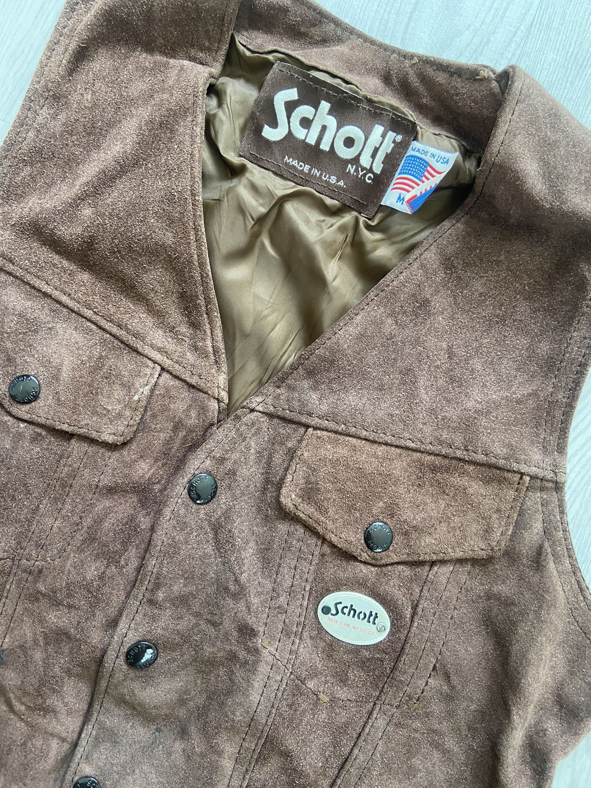 Schott Vintage 1980’s Schott NYC Suede Leather Iron Patches Vest Size US M / EU 48-50 / 2 - 2 Thumbnail