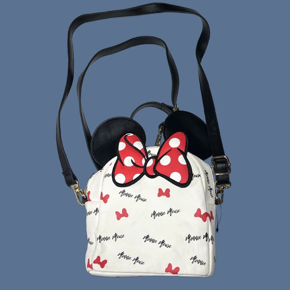 VINTAGE Loungefly Mini Backpack Minnie Mouse Ears White Red Bowties Convertible Leather Women