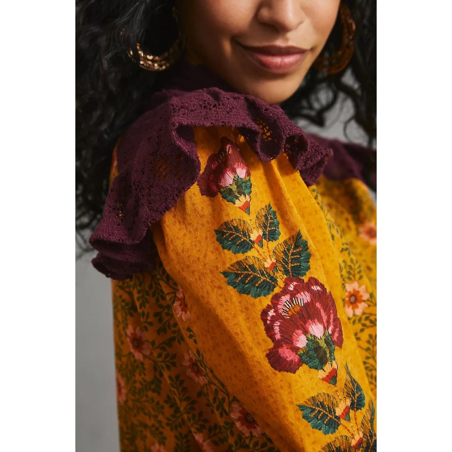 Anthropologie New Farm x Anthropologie Ruffled Blouse SMALL Yellow Motif Size S / US 4 / IT 40 - 4 Thumbnail