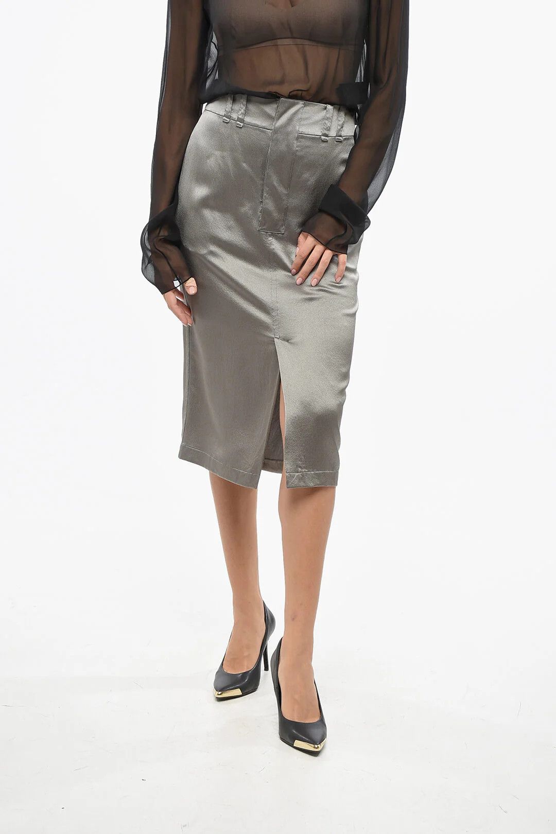 Saint Laurent Paris og1mm0326 Silk Midi Skirt in Grey Size 30" / US 8 / IT 44 - 1 Thumbnail