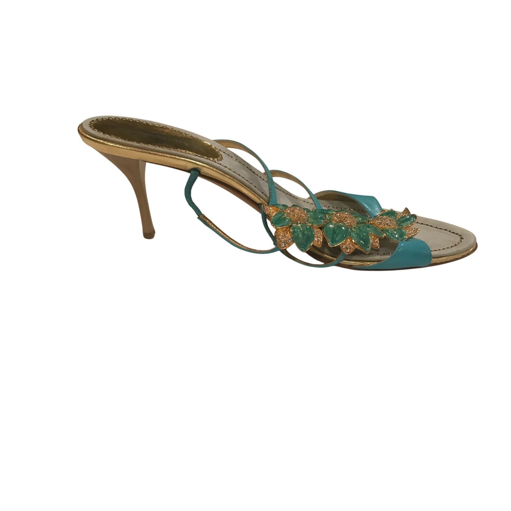 Vintage Gianmarco Lorenzi Turquoise Strappy Embellished Leather S Size US 8.5 / IT 38.5 - 5 Thumbnail