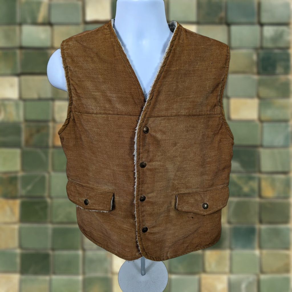 Velour VINTAGE Westwind Sportswear Vest Corduroy Velour Sherpa Lined Western Large Tan Mens 70s Size US L / EU 52-54 / 3 - 1 Thumbnail