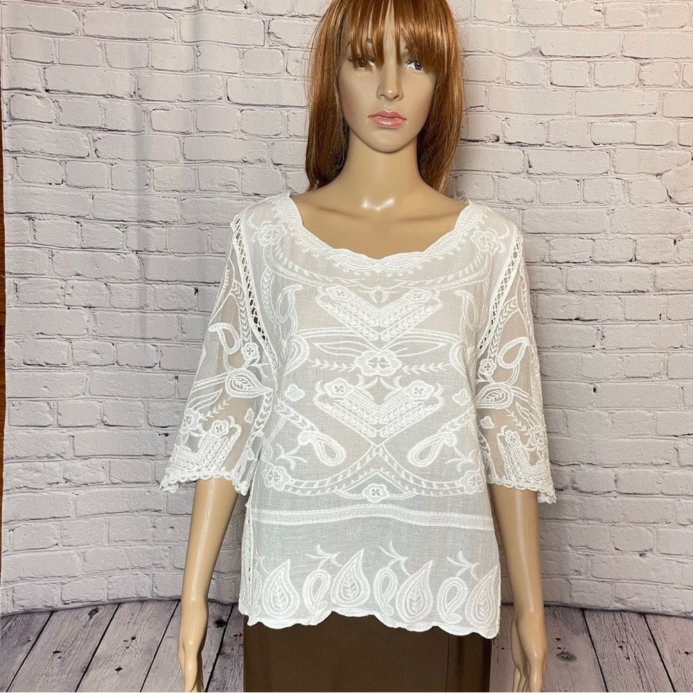 Other NWT New Amber Skies White Embroidered Boho Top Size XL Size XL / US 12-14 / IT 48-50 - 1 Thumbnail