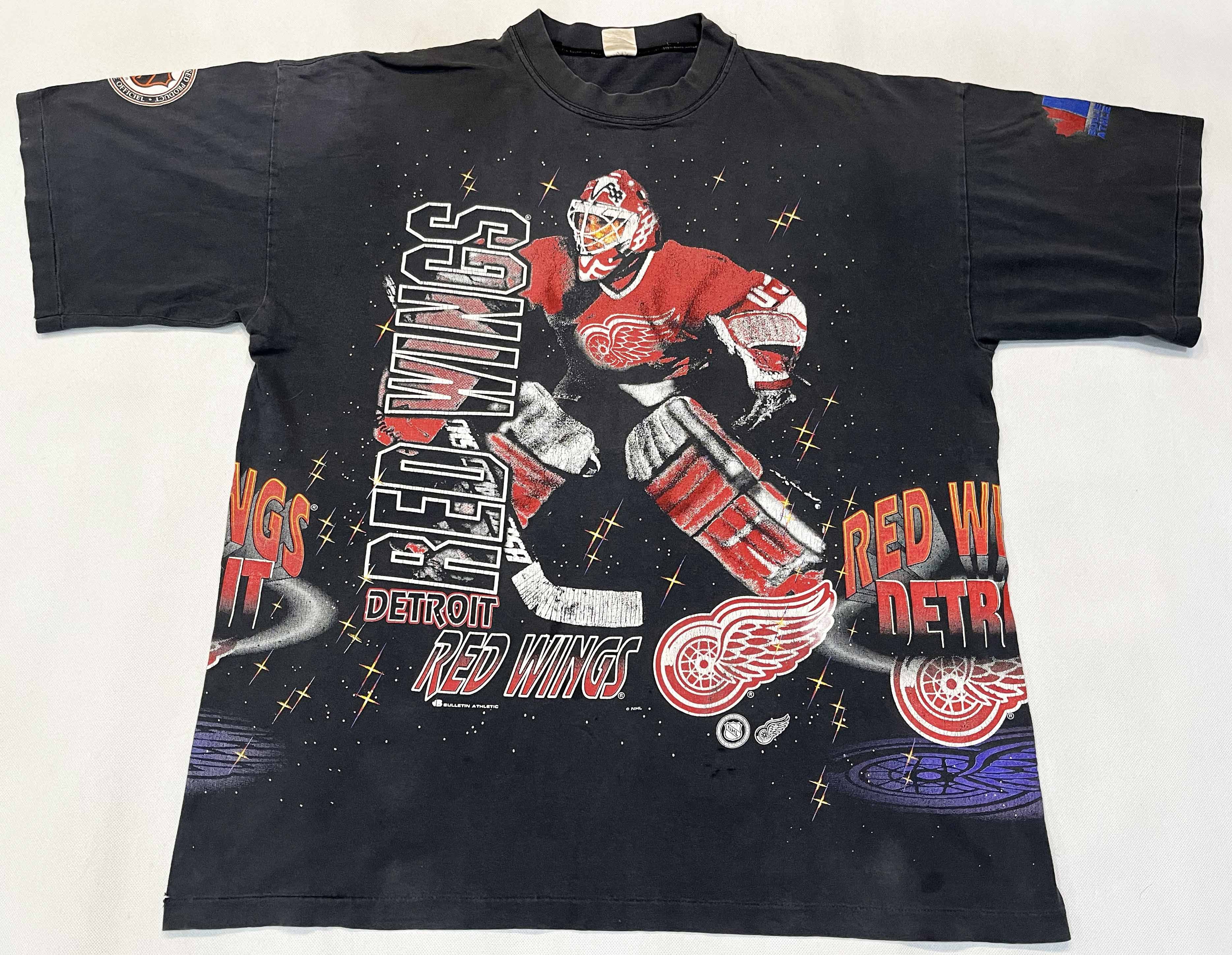 image of Vintage Bulletin Athletic Nhl Detroit Red Wings Aop T-Shirt in Black, Men's (Size XL)