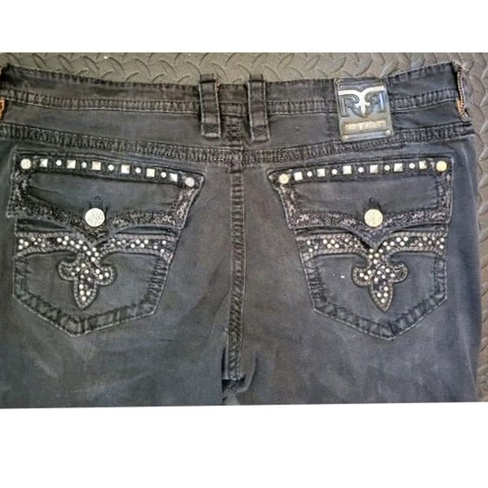Vintage Rock Revival Mens Jeans Straight 44 Black Leather Studded 32 Inseam Coty Pyramid Metallic 220 Style Metal N/A Size US 44 / EU 60 - 2 Thumbnail