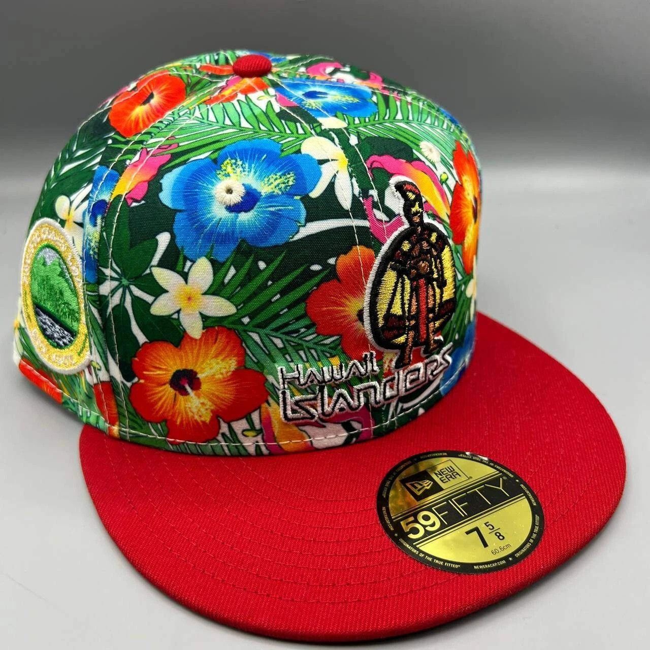 Hawaiian Islanders Hat Men 7 5/8 Red Green Floral Fitted Cap