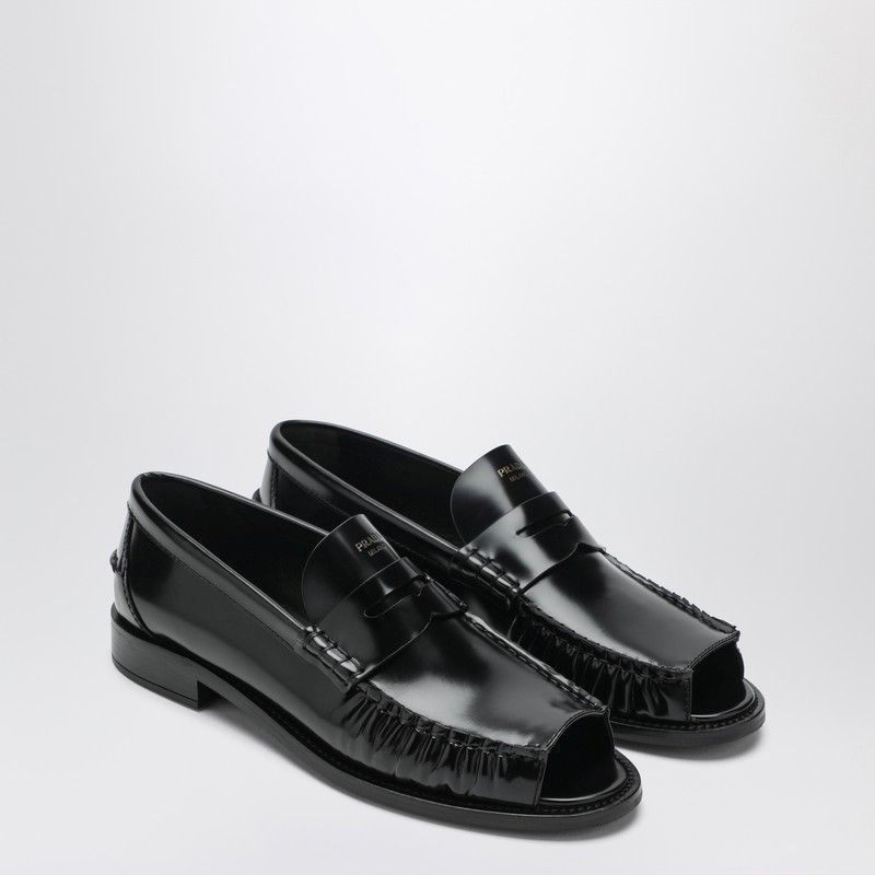 Prada Prada Black Brushed Leather Peep-Toe Loafers Size US 7 / IT 37 - 1 Thumbnail