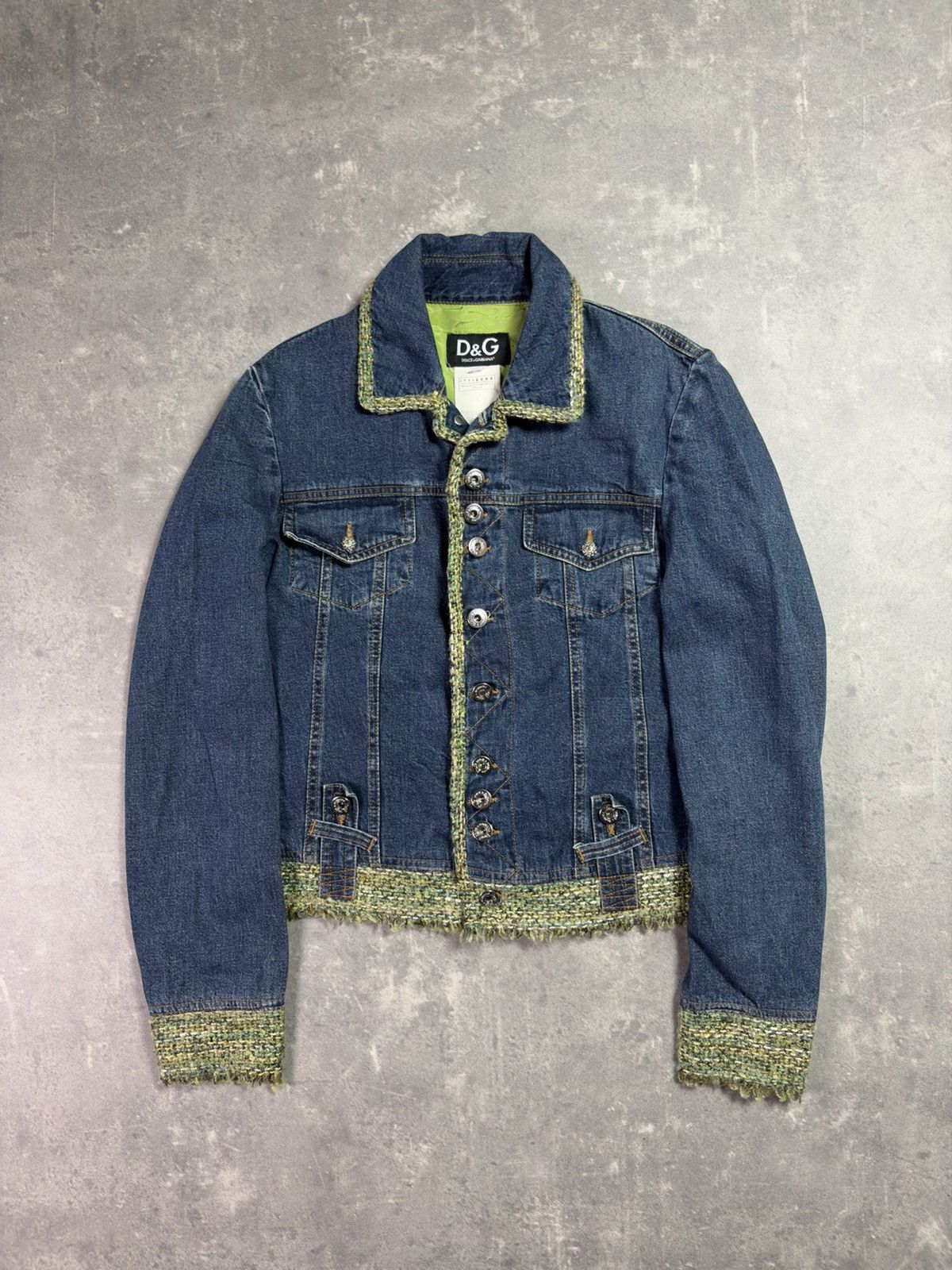 Dolce & Gabbana 00s D&G Dolce & Gabbana Tweed Trim Short Denim Jacket S Size S / US 4 / IT 40 - 1 Thumbnail