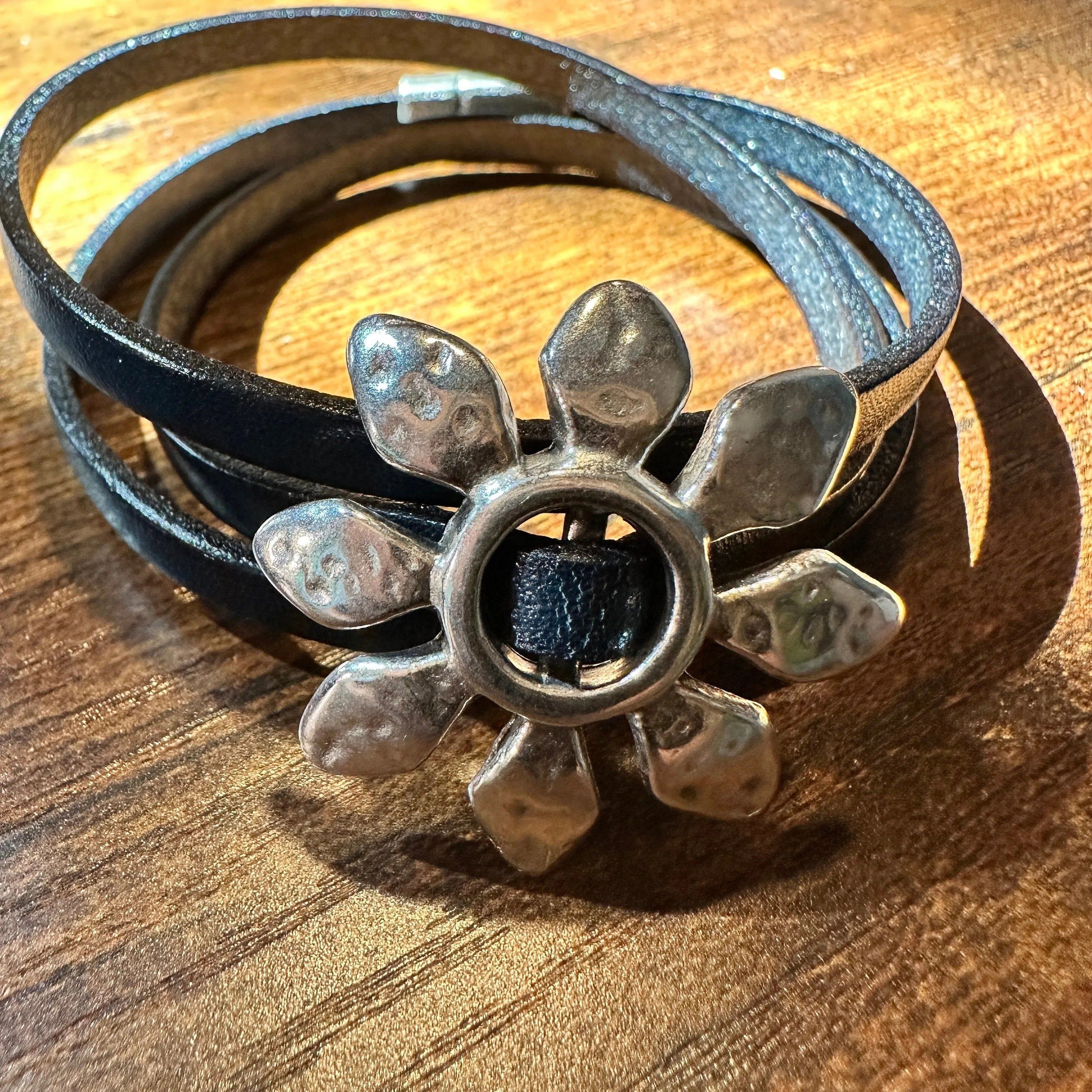 Other Boho Leather Flower Power Hippie Leather Bracelet, Triple Wr Size ONE SIZE - 1 Thumbnail