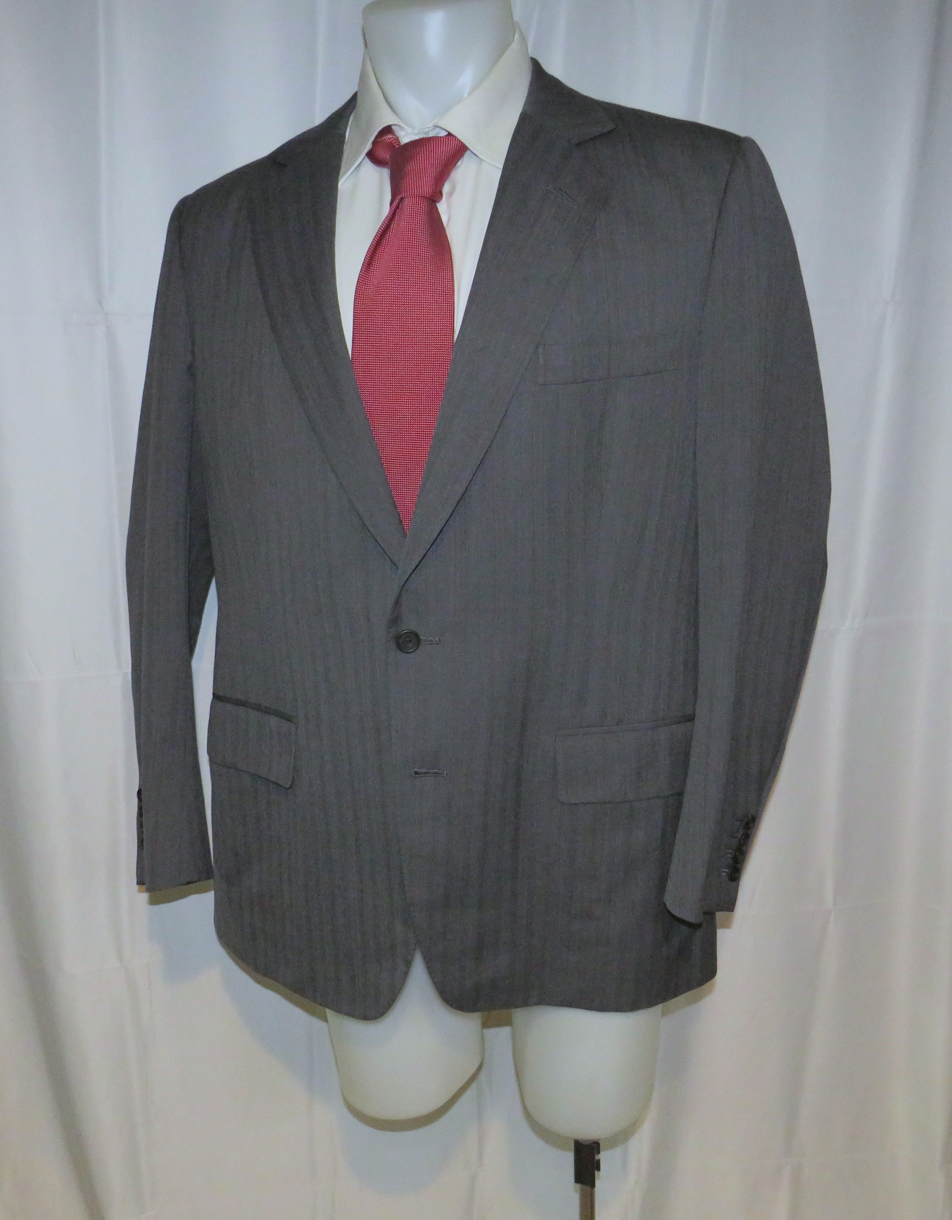 Henry Poole Savile Row Bespoke Gray Herringbone Two Button Blazer 44R Size 44R - 6 Thumbnail