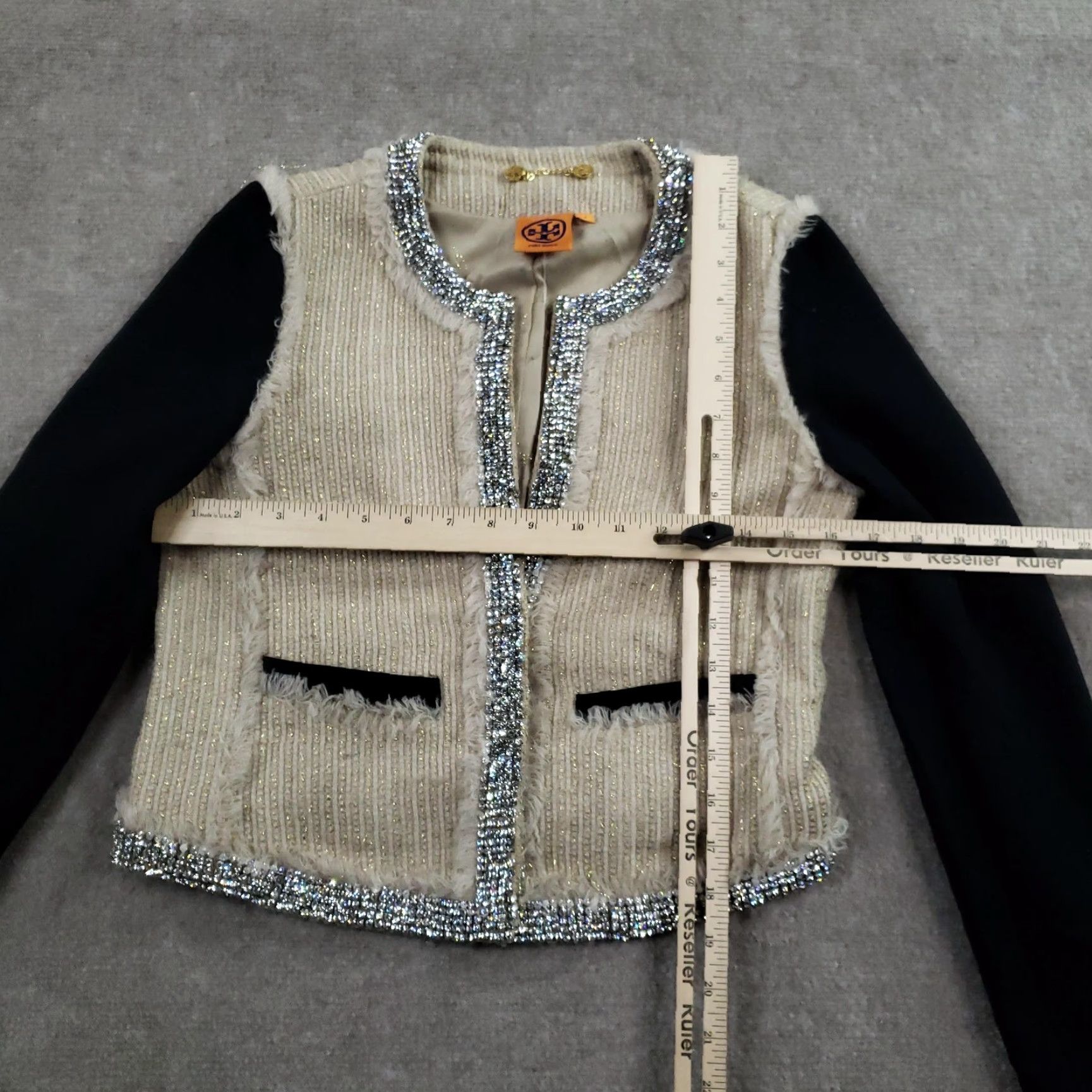 Tory Burch Tory Burch Jacket Womens 2 Beige Tweed Rhinestone Embellished Open Front Size XS / US 0-2 / IT 36-38 - 2 Thumbnail
