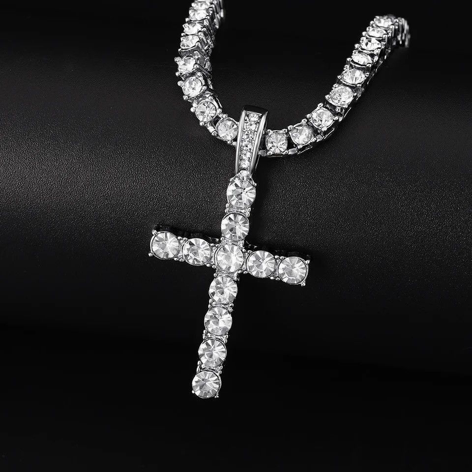 Jewelry Hip Hop Cross Pendant Necklace With 4mm Zircon Tennis Chain Size ONE SIZE - 2 Thumbnail