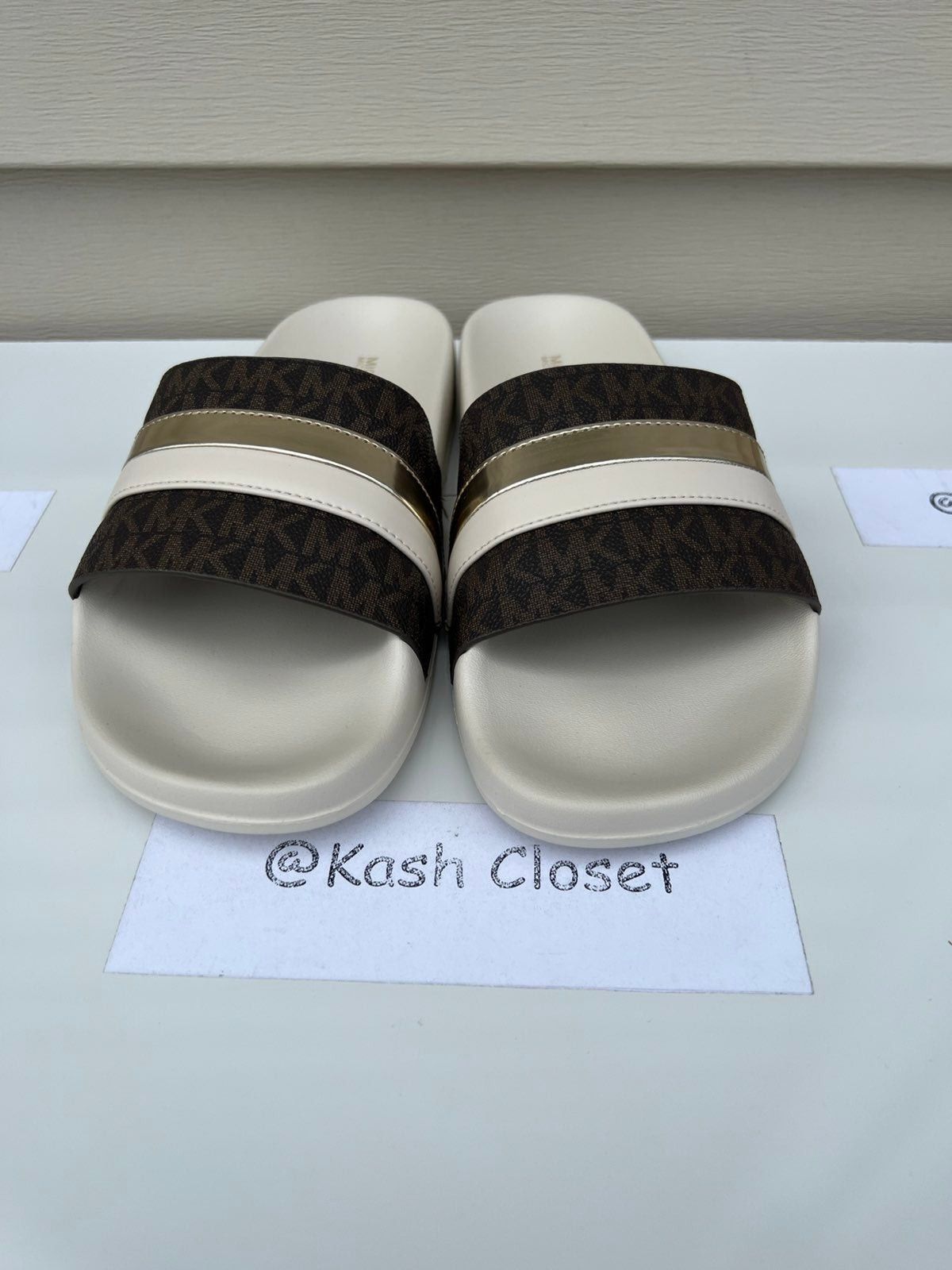 Michael Kors Brandy Metallic Striped Logo Slide Sandal Size