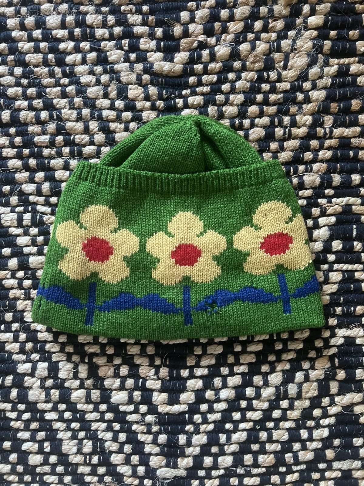 Yohji Yamamoto Yohji Yamamoto Pour Homme AW95 Green Floral Knit Beanie Size ONE SIZE - 2 Thumbnail
