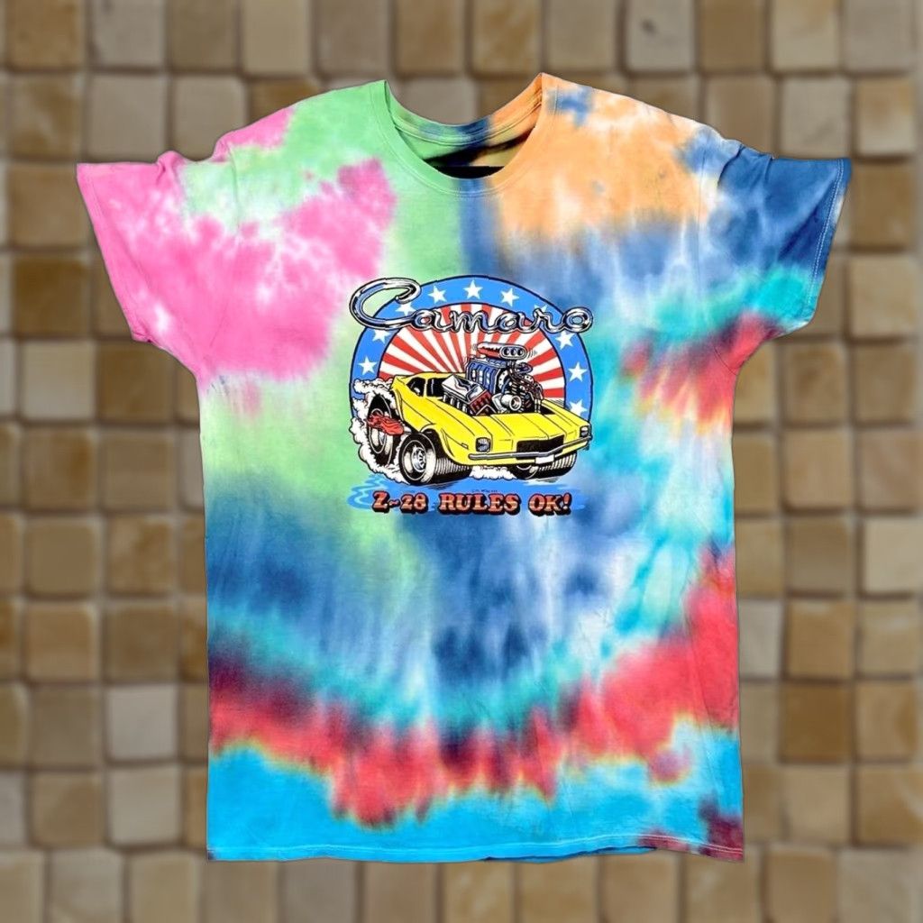 Fruit Of The Loom CAMARO (1975) “Z-28 Rules Ok!” Muscle Car Cartoon Tie Dye T-Shirt Multicoloured Large M Mens Graphic 80s Vintage print Size US M / EU 48-50 / 2 - 1 Thumbnail