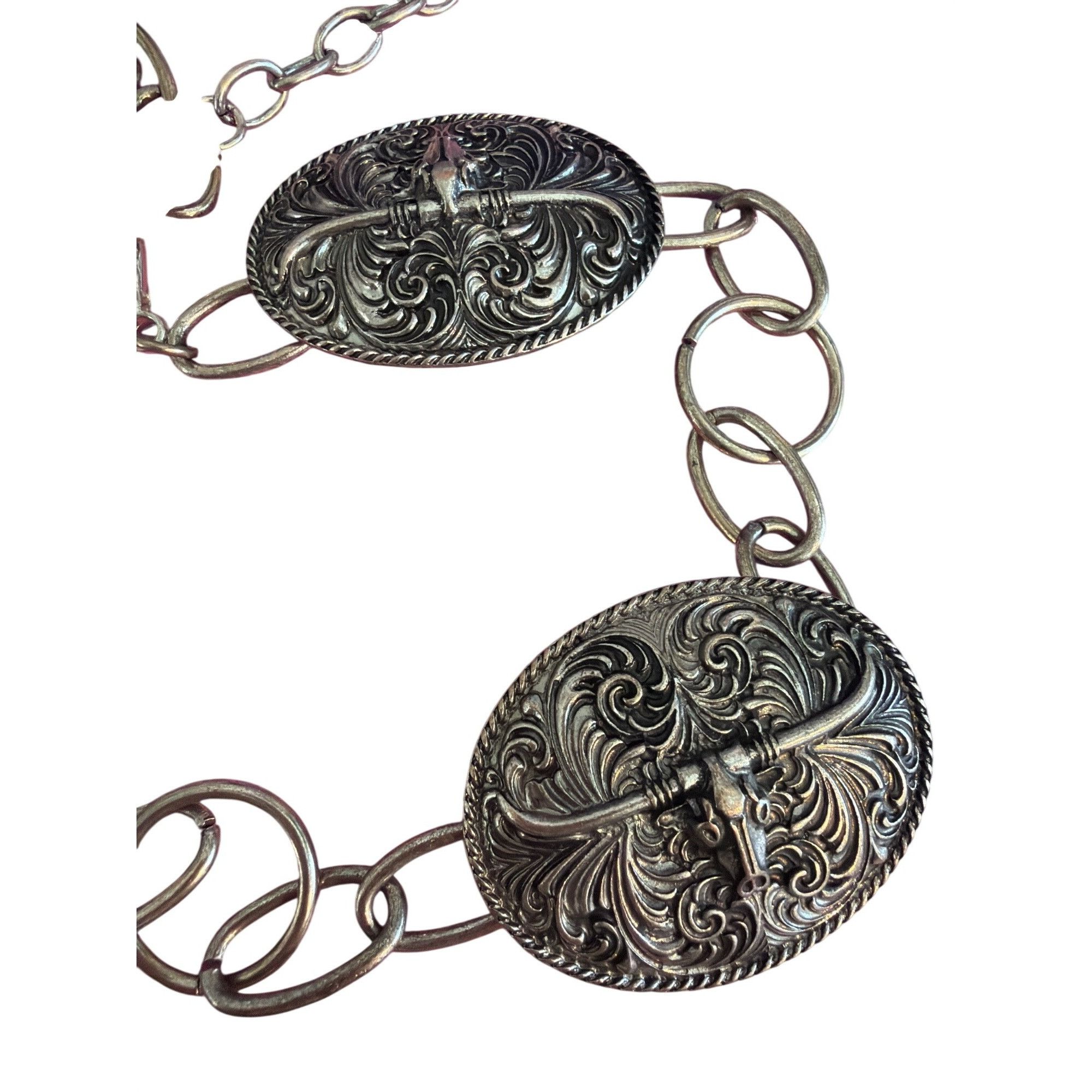 Other Vintage Western Silver Tone Belt Ornate Longhorn Buckles Con Size ONE SIZE - 3 Thumbnail