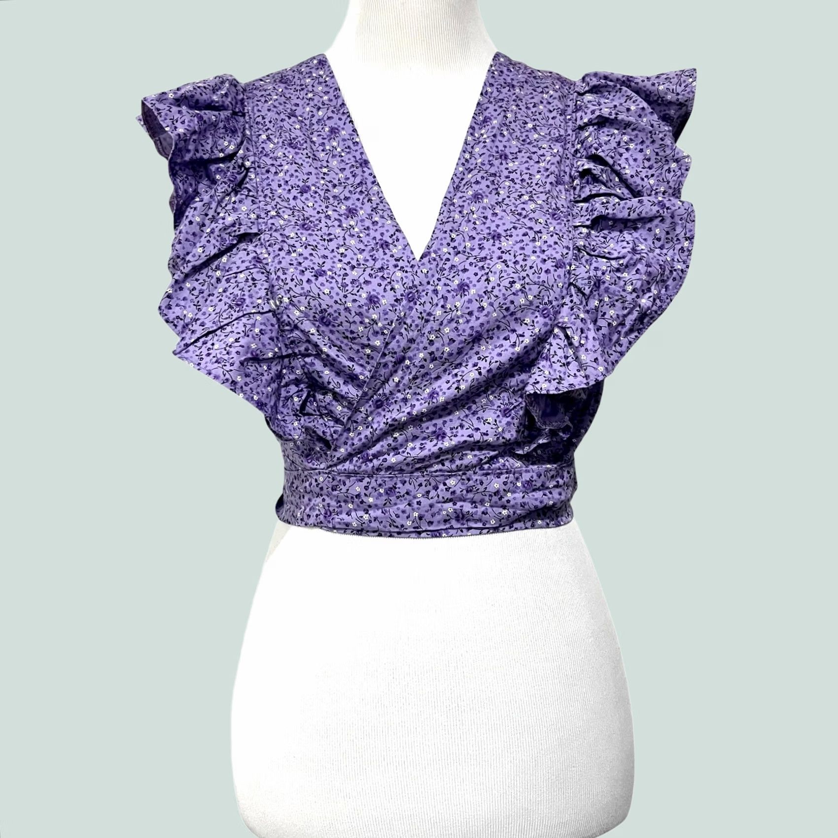 Vintage Purple Floral Crop Wrap Top T-Shirt Women's Medium Cotton Flutter Sleeve V-Neck Party/Casual Swinging Mexico 2020s Womens Size M / US 6-8 / IT 42-44 - 1 Thumbnail