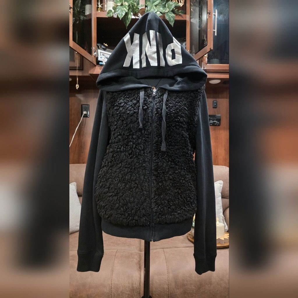 Pink PINK Victoria's Secret Black Sherpa Hoodie Silver Lettering Size M / US 6-8 / IT 42-44 - 1 Thumbnail