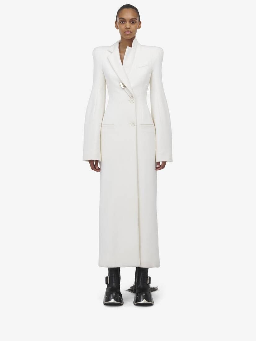 Alexander McQueen o1srvl11e0326 Moulded Shoulder Double-Breasted Coat in White Size S / US 4 / IT 40 - 2 Thumbnail