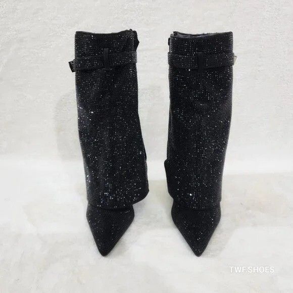 Other Betty Sparkling Black Rhinestone Skirted Fold Over Calf Boot Size US 6.5 / IT 36.5 - 3 Thumbnail