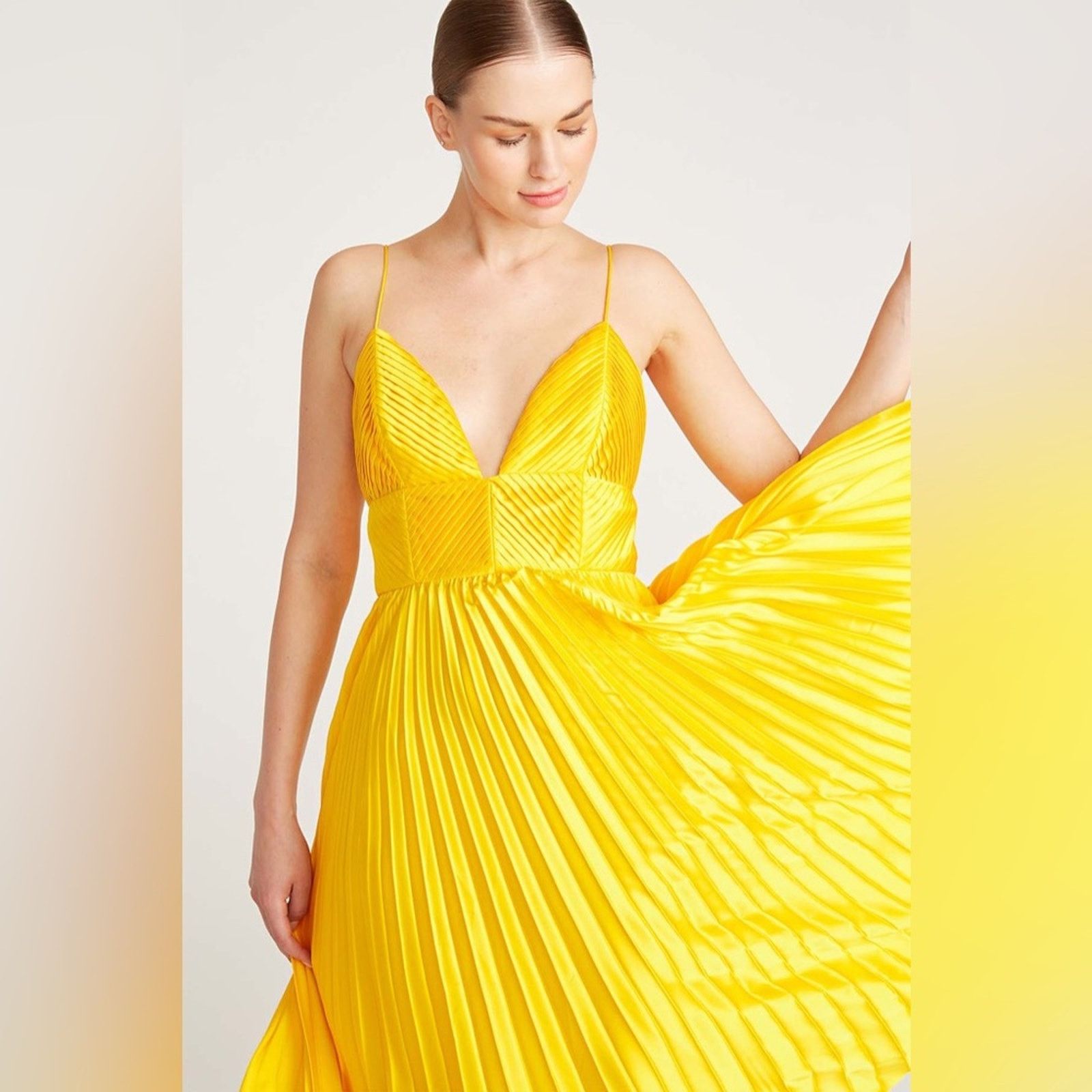 Amur Amur Viv Mitered Pleating Dress Yellow Midi Size M / US 6-8 / IT 42-44 - 3 Thumbnail