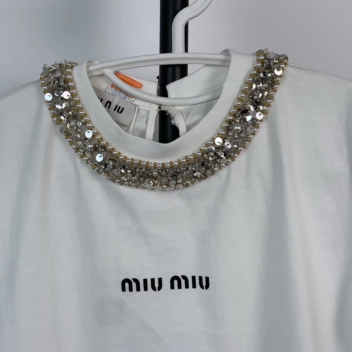 Miu Miu MIU MIU Crystal Short-Sleeve Shirt XS White Size XS / US 0-2 / IT 36-38 - 3 Thumbnail