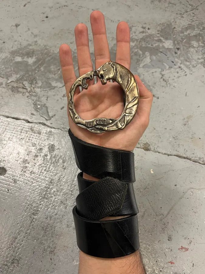 Designer × Just Cavalli × Vintage 2000s Cavalli Snake vs Tiger Buckle Black Leather Belt Size ONE SIZE - 1 Thumbnail