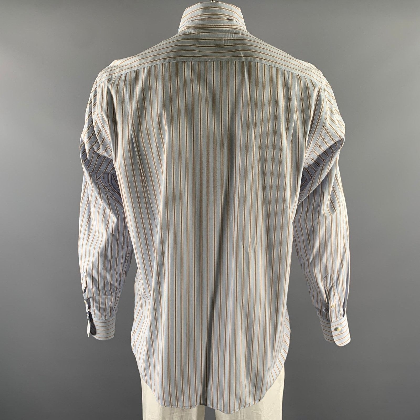 Finamore FINAMORE XL Blue White Brown Stripe Cotton Long Sleeve Shirt Size US XL / EU 56 / 4 - 4 Thumbnail