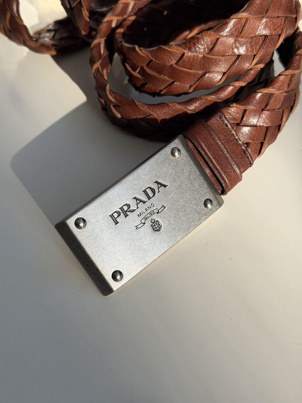 PRADA Logo Buckle Woven Leather Belt runway Brown Square display picture 1