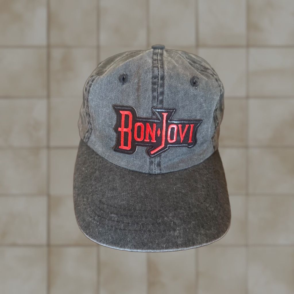 Vintage Bon Jovi Embroidered Patch Washed Black Trucker Cap Hat Black and Red Men One Size Black Hat Mens Cap Size ONE SIZE - 1 Thumbnail