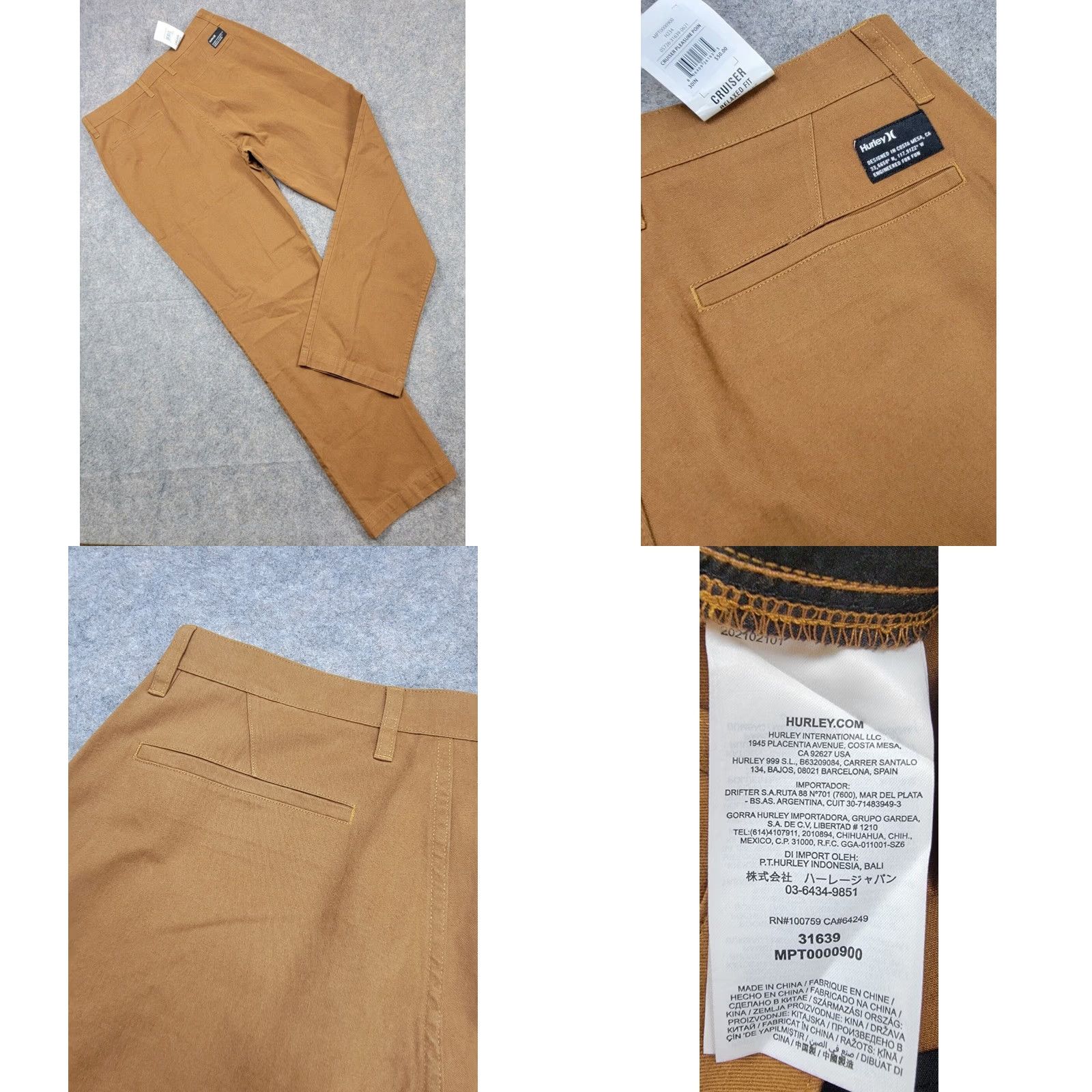 Hurley Hurley Pants Mens 30 Brown Relaxed Chino Tapered Leg 100% Cotton NWT Holiday Beach Casual Travel Front Zip Pocket Button Logo Size US 30 / EU 46 - 8 Thumbnail