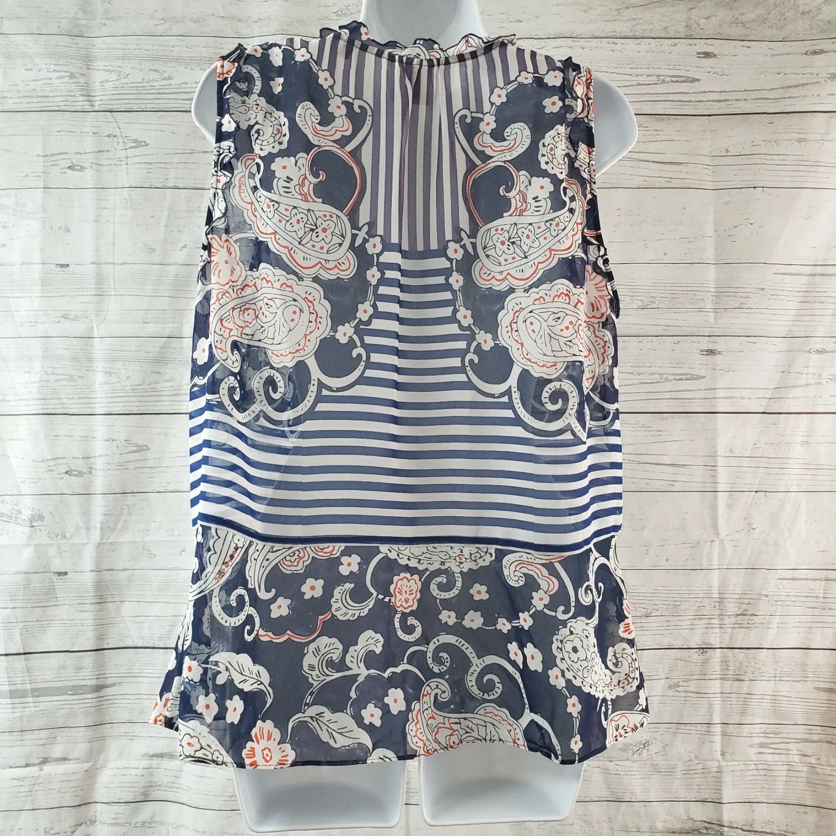 Vintage CAbi Blouse Shirt Womens Peplum Sz Small Blue White Floral Stripes Sheer V-Neck Sleeveless Size S / US 4 / IT 40 - 4 Thumbnail