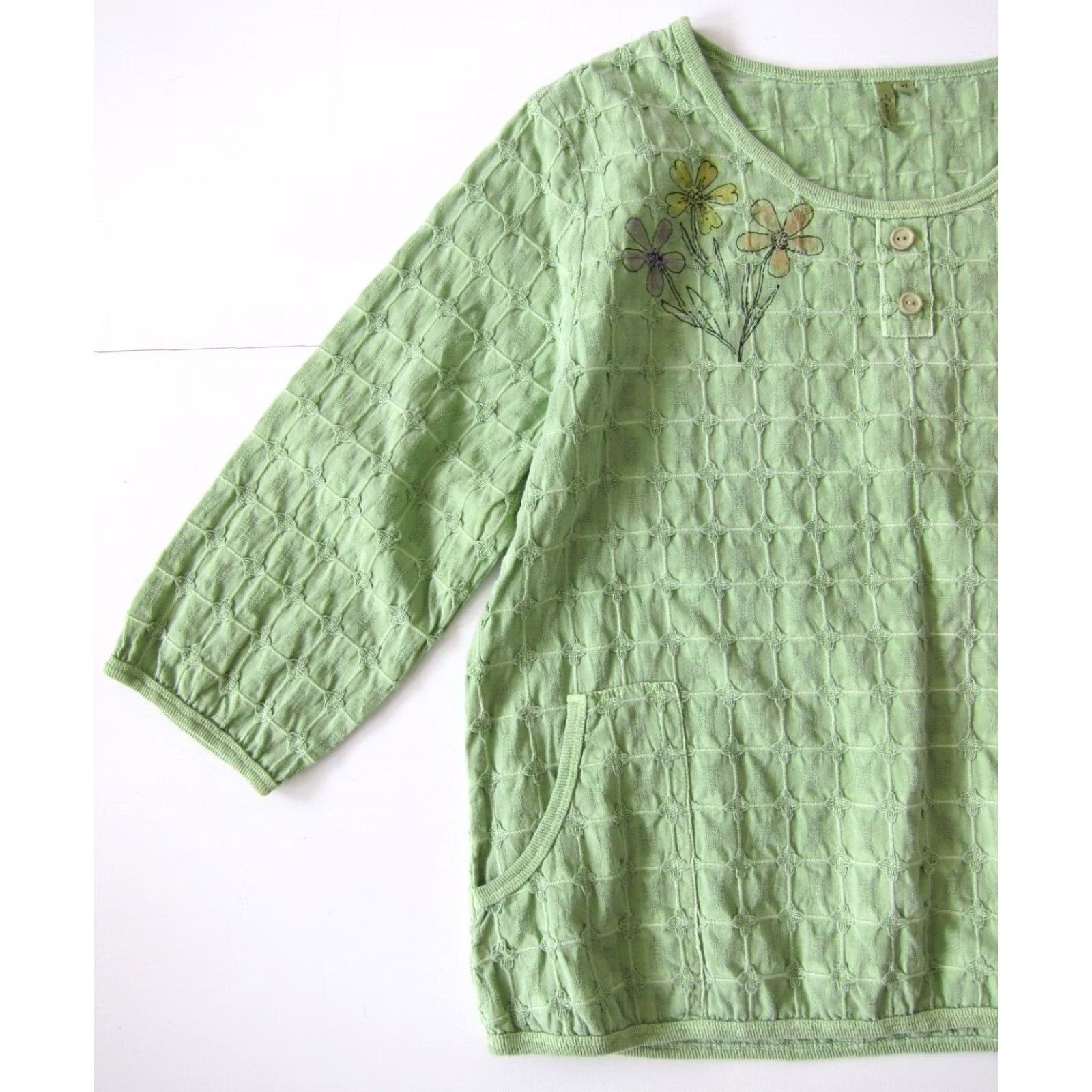 Vintage Focus 100% Waffle Cotton Green Floral Pocket 3/4 Sleeve Boxy Tunic Blouse XL Size XL / US 12-14 / IT 48-50 - 7 Thumbnail