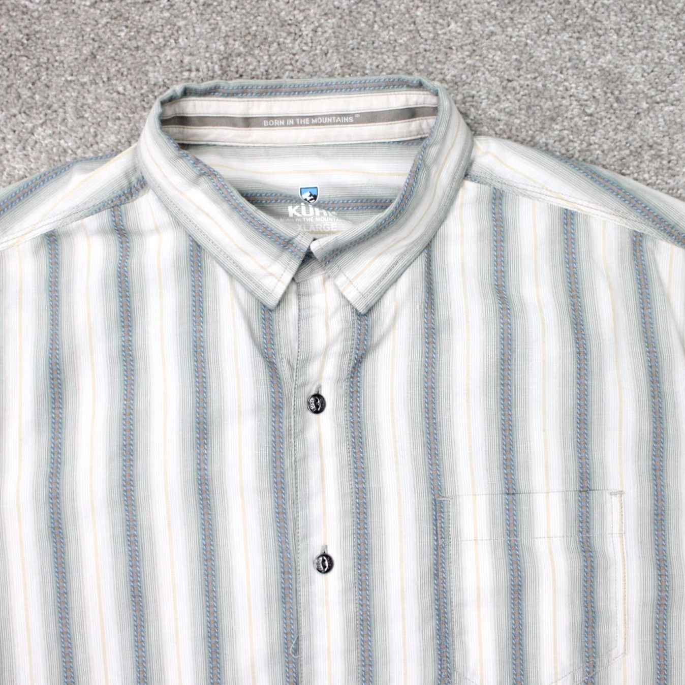 Vintage Kuhl Bohemian Shirt Mens XL Striped 100% Cotton Short Sleeve Beige/Blue Button-Up Cap/Collar Spread Casual Workwear Travel Size US XL / EU 56 / 4 - 5 Thumbnail