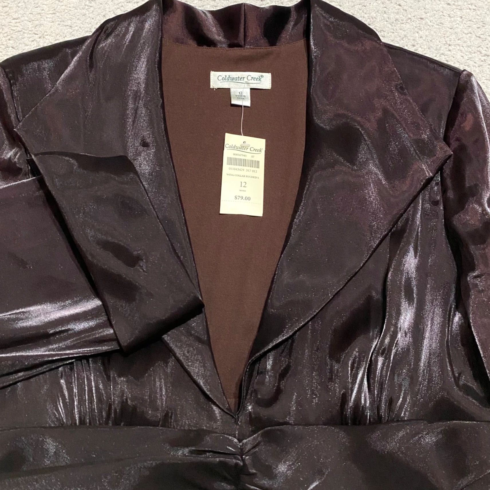 Coldwater Creek VINTAGE Coldwater Creek Blazer Women 12 Brown Satin 3/4 Sleeve Short NWT Jacket Ruched Wing Collar Dressy Business Casual jacket Size XL / US 12-14 / IT 48-50 - 5 Thumbnail