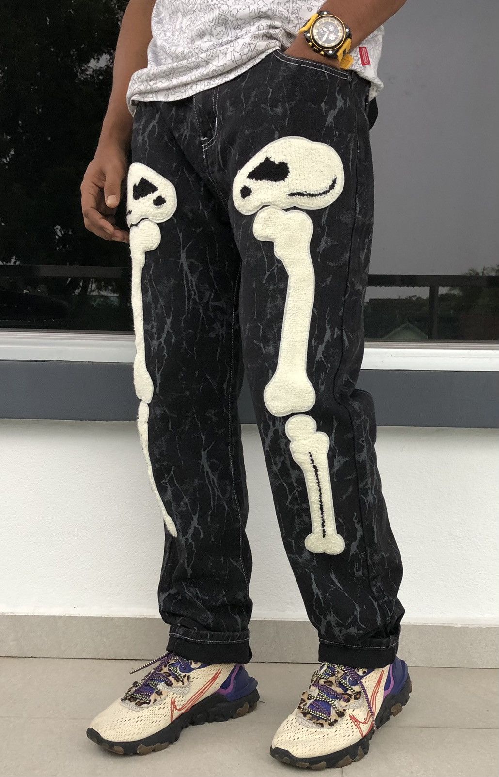 Japanese Brand Japanese Black Bone Print Zipper-Pocketed Casual Punk Jeans Size US 36 / EU 52 - 6 Thumbnail